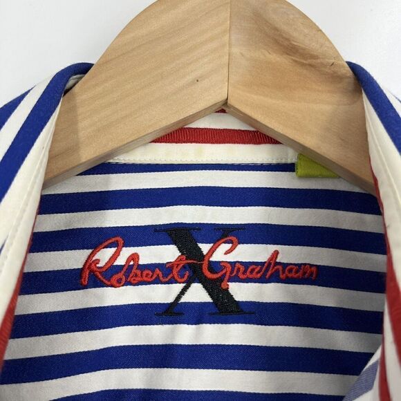 Robert Graham X Shirt Size Medium Mens Blue White Stripe Flip Cuff Tailored Fit - Picture 4 of 8